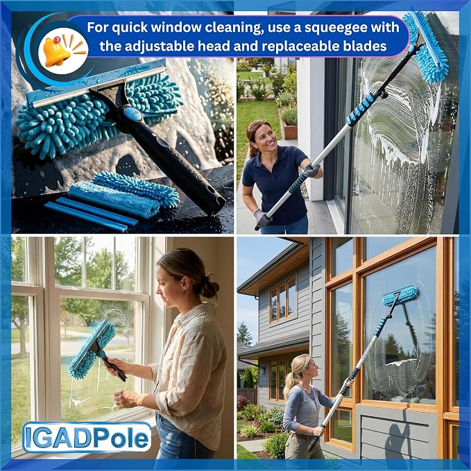 IGADPole 20 FT Water-Fed Washing Kit with Soap-Dispenser, Brush, 10″ Squeegee & Cobweb Duster for Windows, Gutters, Solar Panels & Exterior Walls