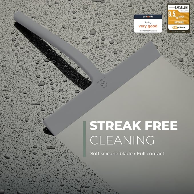 GÜTEWERK Silicone Shower Squeegee for Glass Doors & Mirrors with Stainless Steel Core, Streak-Free & No-Squeak Window Cleaning, 3-in-1 No-Drill Mount (Hook/Suction/Adhesive),Gray, 11 Inches