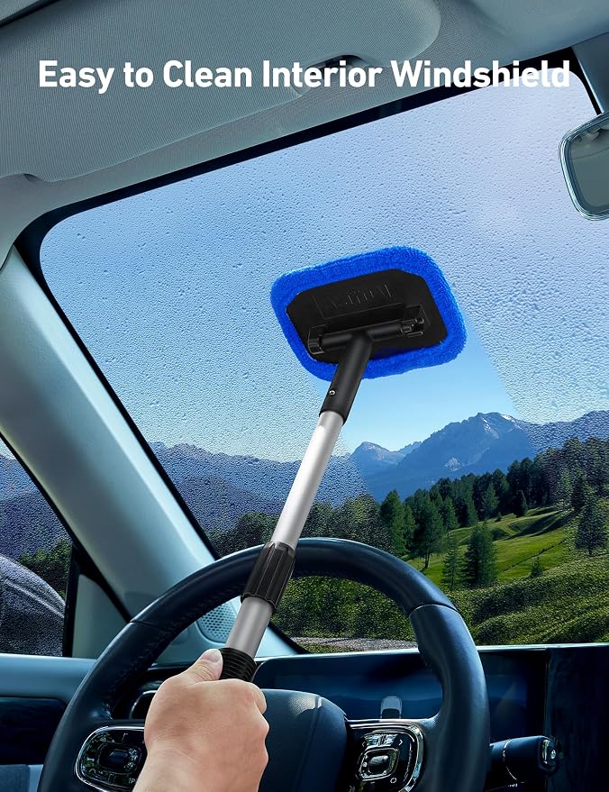 AstroAI Windshield Cleaner, Microfiber Window Cleaner with 4 Reusable Washable Large Sponge Pads, Extendable 180° Rotating Handle, Fits Cars & SUVs, Includes Spray Bottle, Blue
