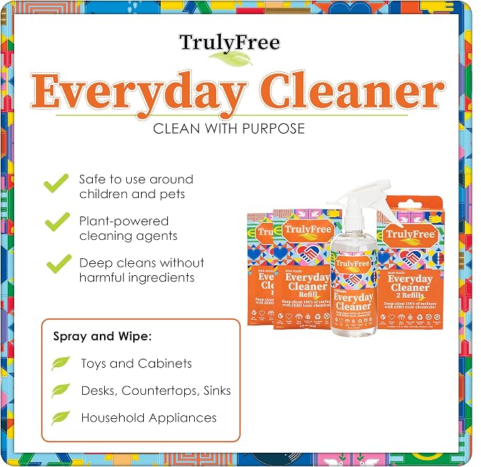 Truly Free Everyday Cleaner Kit - Multipurpose Cleaner Spray, Kitchen Counter Cleaner, Natural Cleaning Products, Multi-Surface Household Solution, 16 oz Reusable Empty Bottle + Two Fills, 3 oz ea.