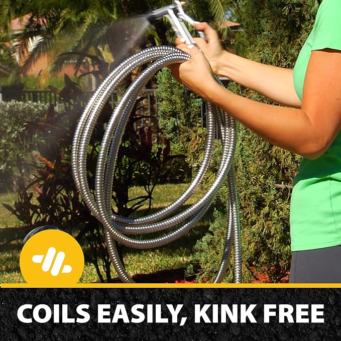 BIONIC STEEL 50 Ft Metal Garden Hose with Sprayer Nozzle,Non Kinking Stainless Steel Heavy Duty Hose 50Ft x 5/8 in. Ultra Flexible NON Expandable for Uninterrupted Water Flow,500 PSI,(Pack of 4)