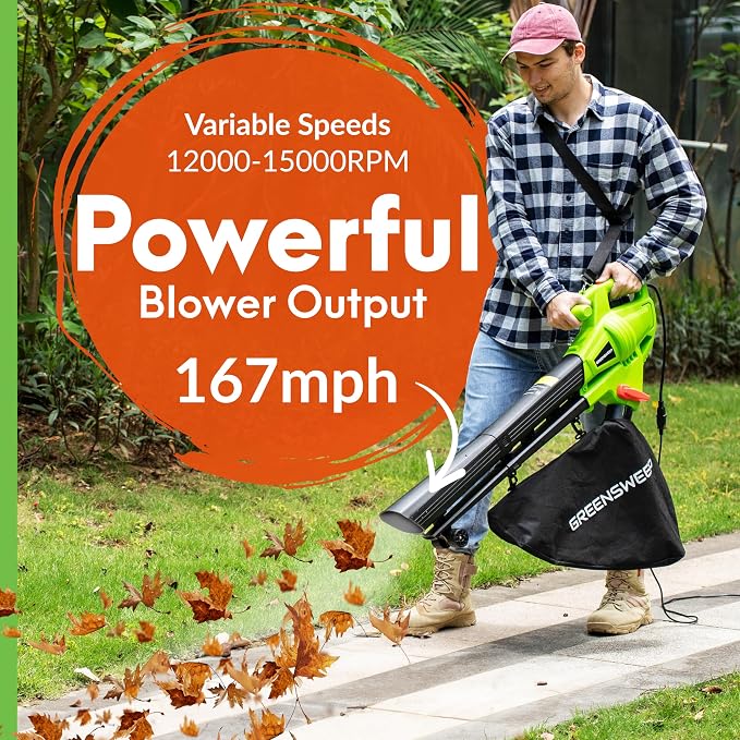 GreenSweep 3-in-1 Leaf Blower, Vacuum & Mulcher – 10 Amp Electric Garden Tool with 10-Gallon Collection Bag – Lightweight, Powerful & Easy to Use