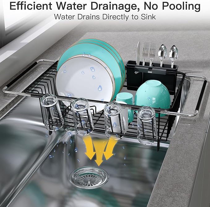 JASIWAY Black Sink Dish Drying Rack with Drainboard, Expandable Stainless Steel Dish Drainers for Kitchen Counter, Space Saving Dish Dryer Rack, Over The Sink Dish Racks with Utensil Holder