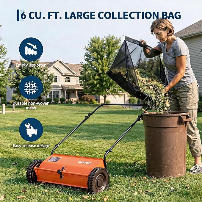 Garvee 21 Inch Push Lawn Sweeper, Walk Behind Leaf Grass Collector with 6 Cu ft Hopper Bag, Carbon Steel Frame, Yard Sweeper with Adjustable Brush Height for Garden Patio Driveway Leaves Cleanup