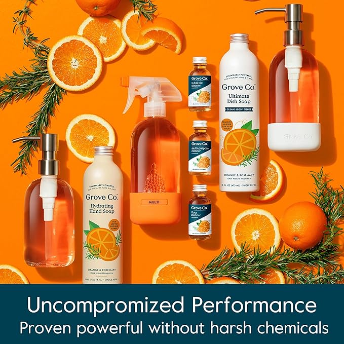 Grove Co. Multi-Purpose Cleaner Refills, 6 x 1fl oz, Orange & Rosemary | 6 refills; Plant-based; No plastic waste; Ammonia & chlorine free; No Harsh Chemicals
