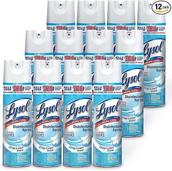 Lysol Disinfectant Spray, Household Essential Cleaning Supplies, Multi-Purpose Room Spray, Antibacterial Sanitizer Spray, Upholstery Deodorizer, Home and Bathroom, Crisp Linen,19 Fl Oz (Pack of 12)