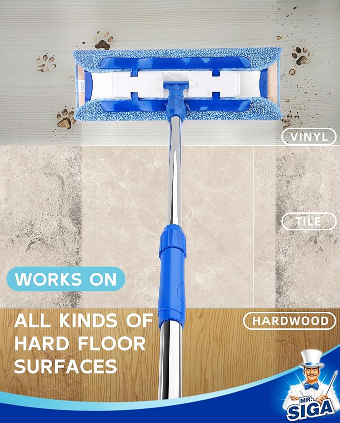 MR.SIGA Professional Microfiber Mop for Hardwood, Laminate Floor Cleaning | Stainless steel telescopic handle, 3 reusable microfiber flat mop refills and 1 dirt removal scrubber included