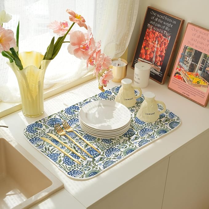 Floral Dish Drying Mat 18x24 Inches For Kitchen Counter Absorbent Block Print Flower Kitchen Decoration Boho Floral Drying Mat Pad For Home Kitchen,Dining Room,Office Decoration