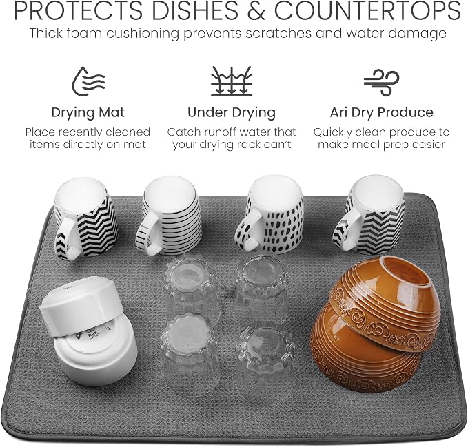 Bellemain XL Dish Drying Mat 18" X 24" Super Absorbent Microfiber Dish Drying Mat for Kitchen Counter, Dry Pad for Dishes, Utensils, Pots and Pans (DARK GRAY)
