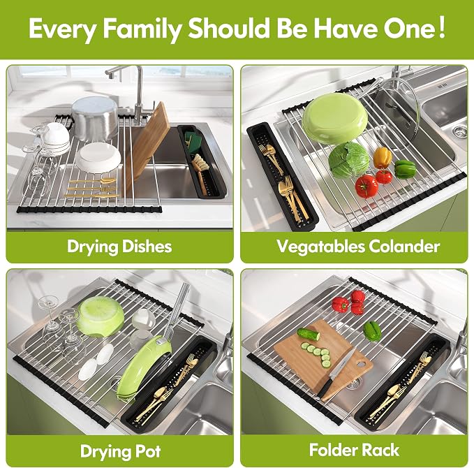JASIWAY Roll Up Dish Drying Rack, Expandable (12.8"-23.8" D x 15.5" W) Stainless Steel Portable Drainer for Kitchen Sink Counter, Foldable Over The Sink Cover with Removable Utensil Holder, Black