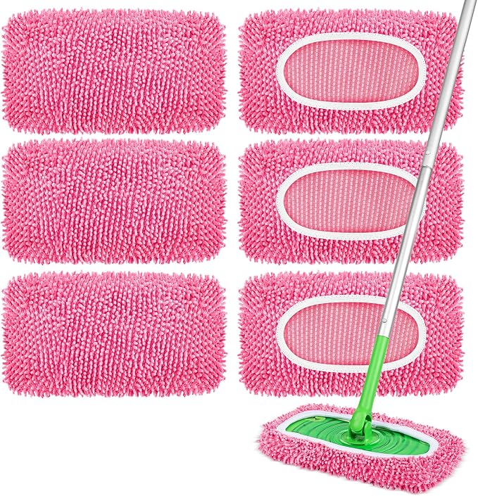 6 Pack Reusable Mop Pads Compatible with Swiffer Sweeper, Dry Sweeping Cloths & Wet Mopping Cloths - Microfiber Mop Pads for Hardwood Floors, Floor Cleaning, Wood Floors (Pink)