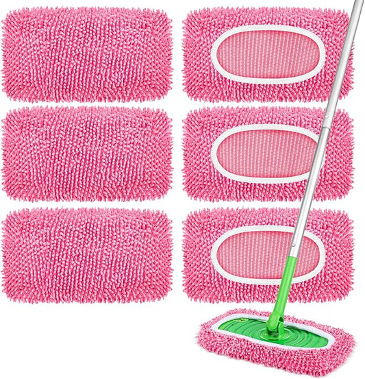 6 Pack Reusable Mop Pads Compatible with Swiffer Sweeper, Dry Sweeping Cloths & Wet Mopping Cloths - Microfiber Mop Pads for Hardwood Floors, Floor Cleaning, Wood Floors (Pink)