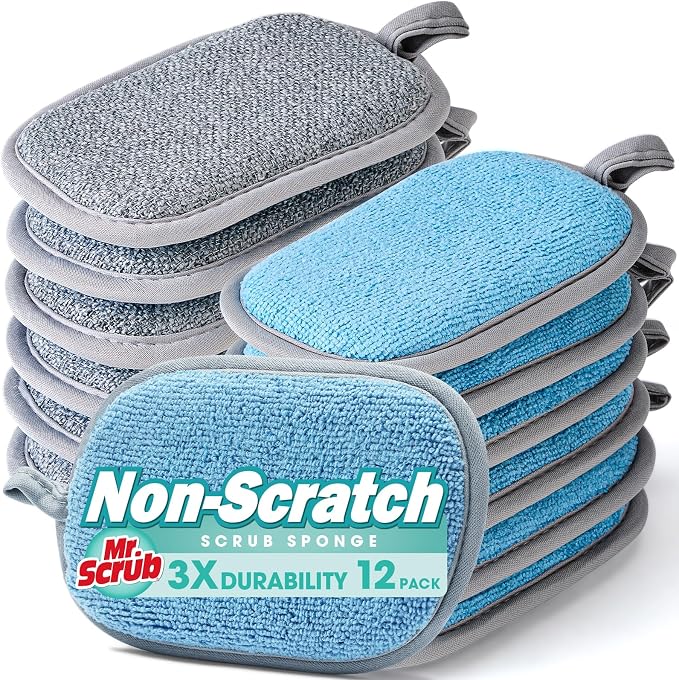 Sponges Kitchen Dish Sponge for Washing Dishes Cleaning Kitchen, All-Purpose, 12 Pack, Non Scratch, Rough Scrubbers Side for Non-Stick Cookware, Soft Microfiber Scrub Side for Dishes, Mr. Scrub