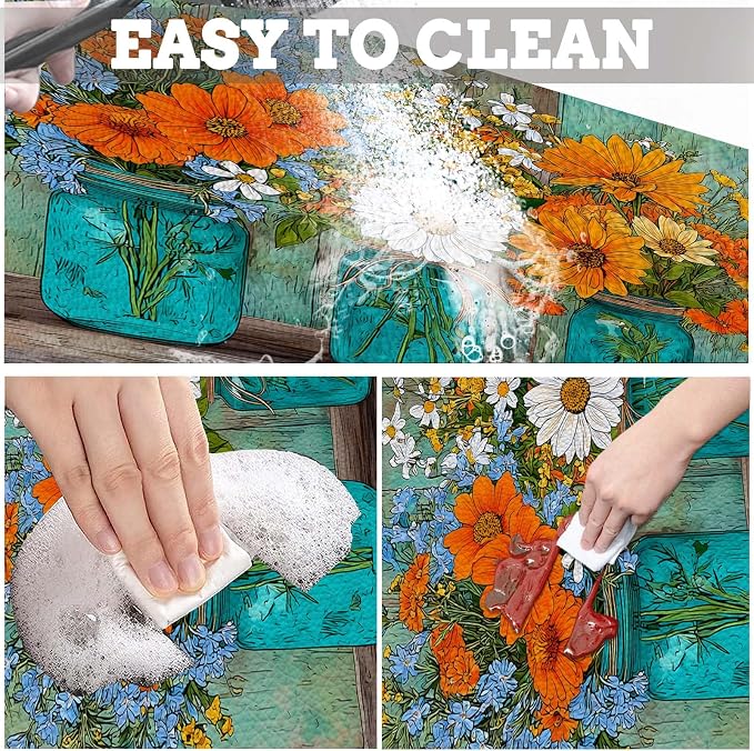 MCALK Floral Vases Dish Drying Mat for Kitchen Counter, Fall Wooden Dish Drying Pad with Anti-Slip Rubber Base, Absorbent Kitchen Sink Mat with Farmhouse Decor (1 pc 18" x 16")