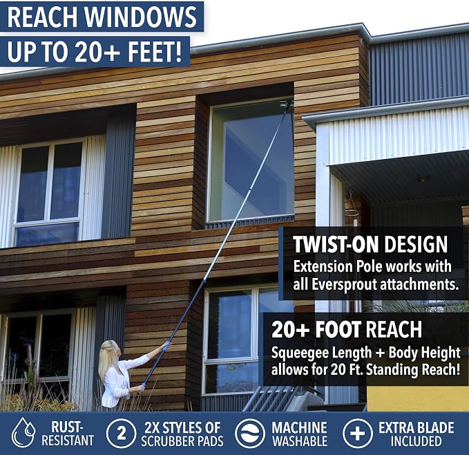 EVERSPROUT Swivel Squeegee & Microfiber Window Scrubber, 5 to 12ft Pole | 2-in-1 Window & Glass Cleaning Combo, Swivels to 7 Angles, 10-inch Blade, 20ft Standing Reach, Machine Washable, Non-Slip