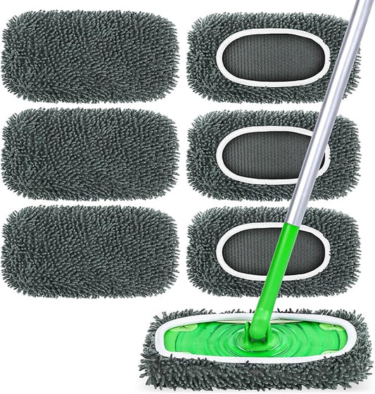 6-Pack Reusable Microfiber Mop Pads Compatible with Swiffer Sweeper, Dry & Wet Sweeping Cloths - Washable Wet Pads Refill for Multi-Surface/Hardwood Floor Cleaning -Grey