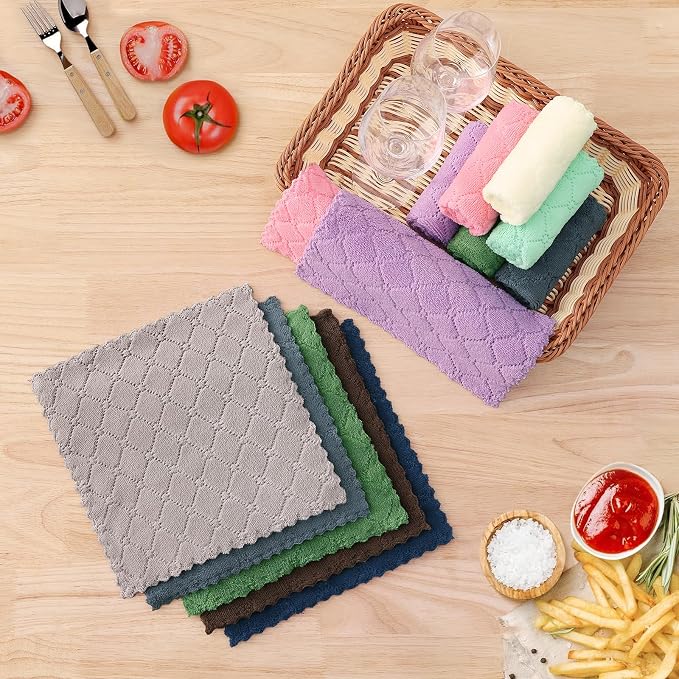 Homaxy 12 Pack Kitchen Dish Cloths (10 x 10 Inches, Grey), Super Soft and Absorbent Coral Velvet Dish Towels, Nonstick Oil Fast Drying Microfiber Cleaning Cloth, No Lint Household Dishcloths
