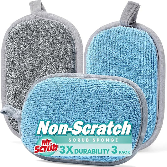 Sponges Kitchen Dish Sponge for Washing Dishes Cleaning Kitchen, All-Purpose, 3 Pack, Non Scratch, Rough Scrubbers Side for Non-Stick Cookware, Soft Microfiber Scrub Side for Dishes, Mr. Scrub