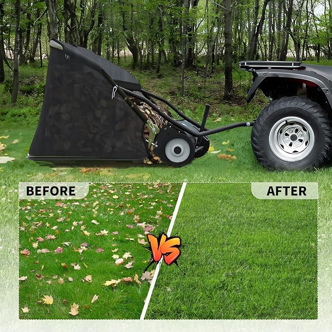 Grebest Tow Behind Lawn Sweeper for Tractors & Riding Mowers, 44" Wide, 25cu ft Large Capacity Leaf & Grass Sweeper with Adjustable Brush Height, Dump Rope, Rubber Wheels, Foldable Design