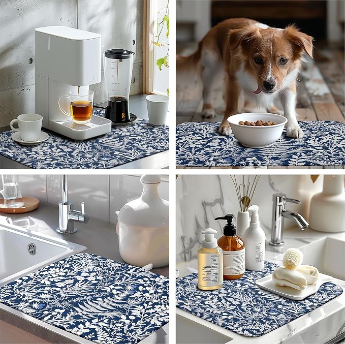 Blue and White Plant Dish Drying Mat Botanical Fern Leaves Floral Drying Mats for Kitchen Counter Microfiber Absorbent Dish Draining Mat Reusable Washable Dish Rack Pad 18x24 Inch
