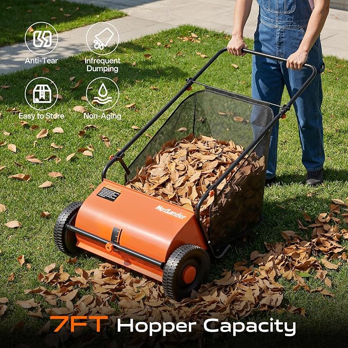 MAXLANDER 26" Lawn Sweeper for Leaves & Grass, Push Behind Yard Cleaner with 7 Cu.Ft. Hopper Bag, Adjustable Height Brushes & Smooth Rolling Rubber Wheels Grass Catchers