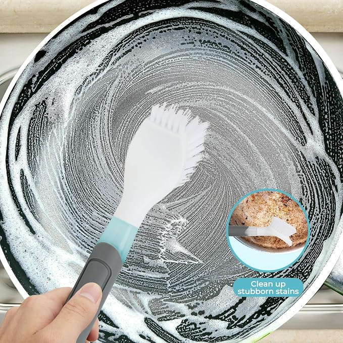 REEWII Dish Brush with soap Dispenser，4 PCS Replacement Brush Refills dishwashing Brush Set for Kitchen Utensils, Pans, Sinks, cookware
