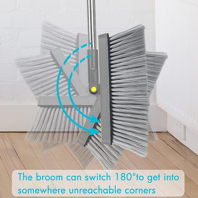 2-Pack Broom and Dustpan Combo Set, 48" Long Adjustable Handle Stand Up Dustpan with Self-Cleaning Teeth, Ideal for Home, Office, Kitchen, Indoor & Outdoor Use, Grey | Stand Up Dustpan with Self-Cleaning Teeth and Long Handle Broom Set for Home, Office...