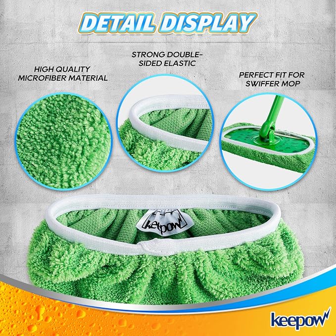 KEEPOW Reusable Mop Pads Compatible with Swiffer Sweeper, 4 Pack | Microfiber Mop Refill Pads, Dry & Wet Mopping Cloths for Floor Cleaning, Fits standard 10-12" flat mops