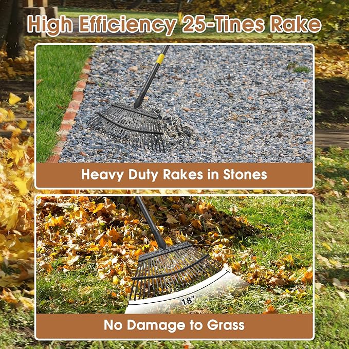 Leaf Rake 18” Wide Heavy Duty Metal 25 Tines Garden Rake Set with 30-90” Adjustable Long Handle for Yard Grass Shrub Mulch Including 32Gallon Garden Bag Leaf Scoops