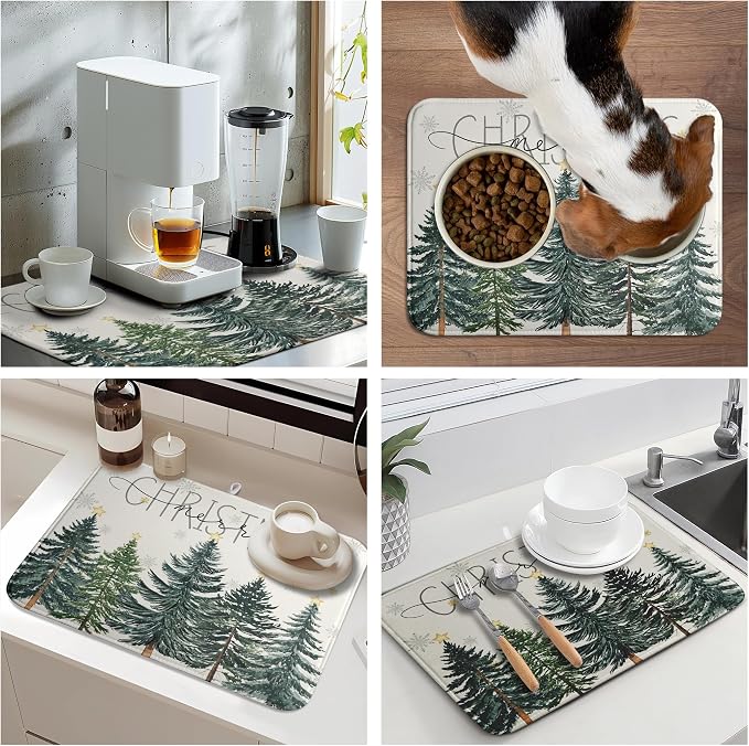 Merry Christma Trees Dish Drying Mat Winter Forest Large Kitchen Mats Dish Drying Pad Xmas Snow Absorbent Dish Dryer Mat for Kitchen Countertops Microfiber Drainer Pad Dish Drying Mats (18x24 in)
