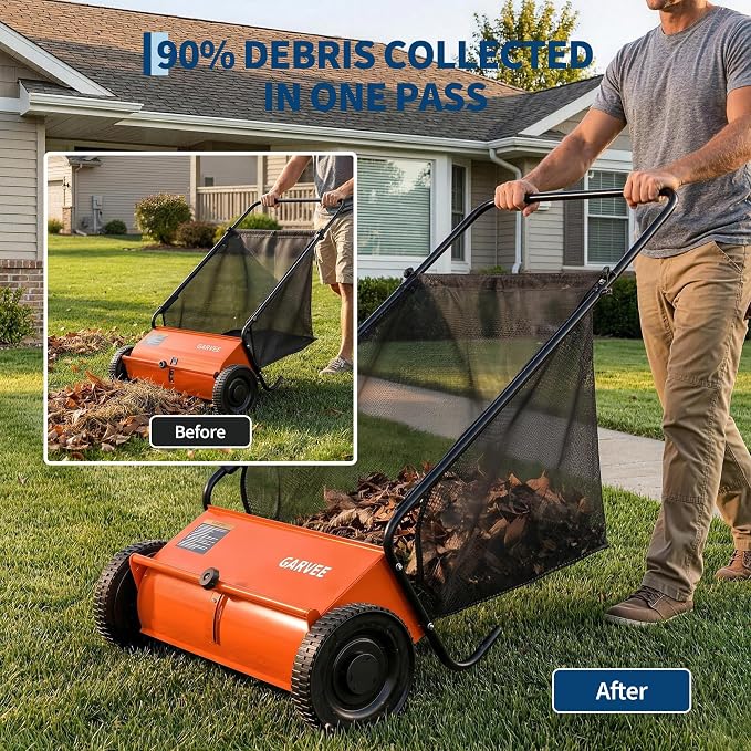 Garvee Push Lawn Sweeper, 26" Leaf & Grass Collector with 7Cu.ft Hopper Bag | Heavy Duty Yard Sweeper with Clear Dust Cover & Large Collection Bag for Leaves, Grass Clippings, for Lawn Yard Cleanup