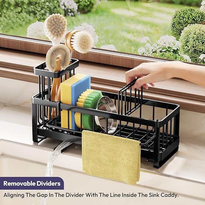 SWTYMIKI Sponge Holder for Kitchen Sink - Sink Caddy with Brush Holder Self-draining Sponge Caddy Organizer with Divider Stainless Steel Kitchen Accessories Storage for Countertop, Black