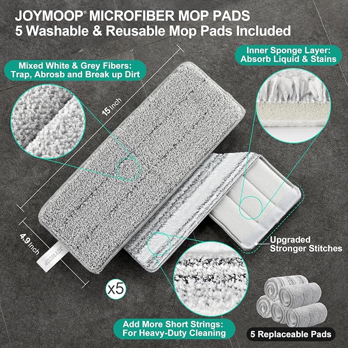 JOYMOOP Flat Mop System, Microfiber Mop and Bucket Set, White, Hands-Free Floor Cleaning Mop for Household & Commercial Use, Wet and Dry Cleaning, Includes 3 Washable Pads