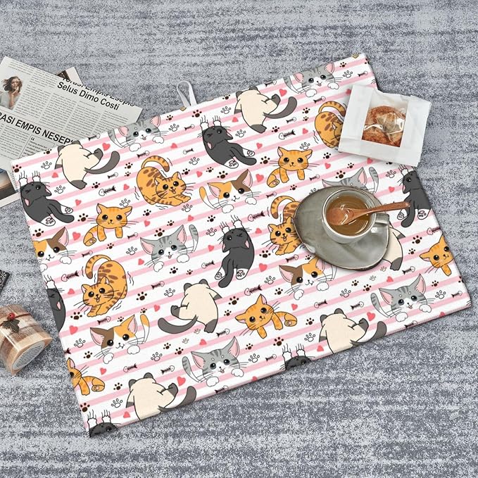 Cute Cat Dish Drying Mat for Kitchen Counter Cute Kitchen Dish Mat Microfiber Kitchen Countertop Absorbent Reversible Drainer Rack Pad