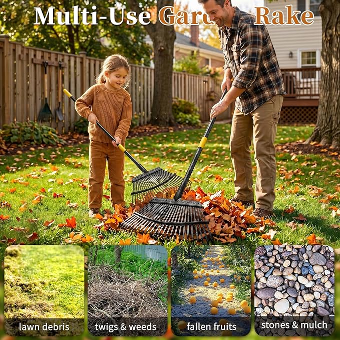 Rake, Gardening Rakes for Leaves Lawns Heavy Duty, 79 in Leaf Rake with 25 Clog-Free Tines, 18.5” Wide Large Head, Metal Garden Tools for Yard Quick Cleanup Garss, Debris, Detachable for Camping