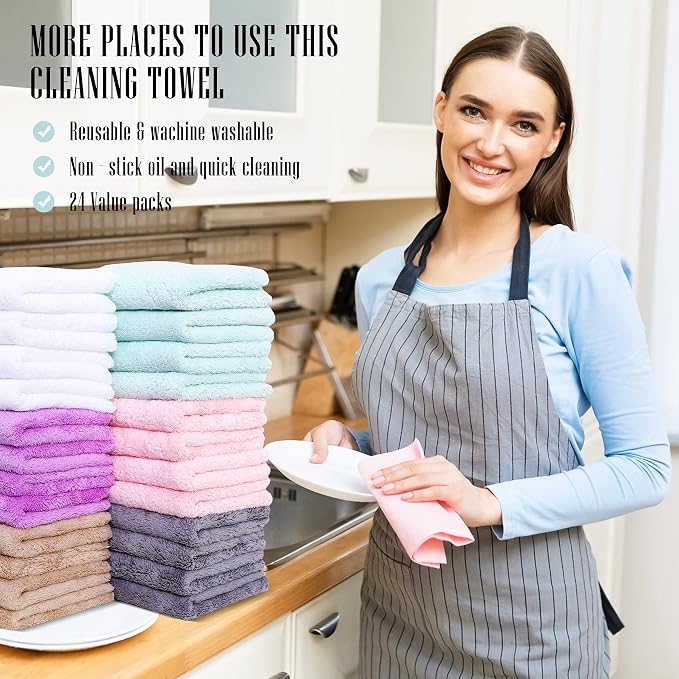 24 Pack Kitchen Dishcloths - Does Not Shed Fluff - Reusable Dish Towels, Dish cloths, Super Absorbent Coral Fleece Cleaning Cloths, Nonstick Oil Washable Fast Drying, 10 x 20 Inch (Multicolor)