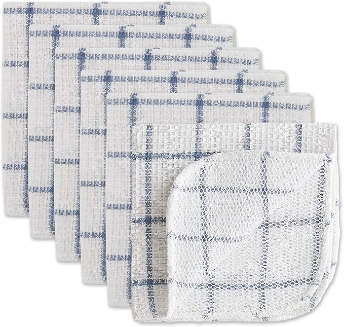 DII Scrubber Dishcloths Collection Windowpane Dishrag Set, 12x12, White/Stonewash Blue Stripe, 6 Piece