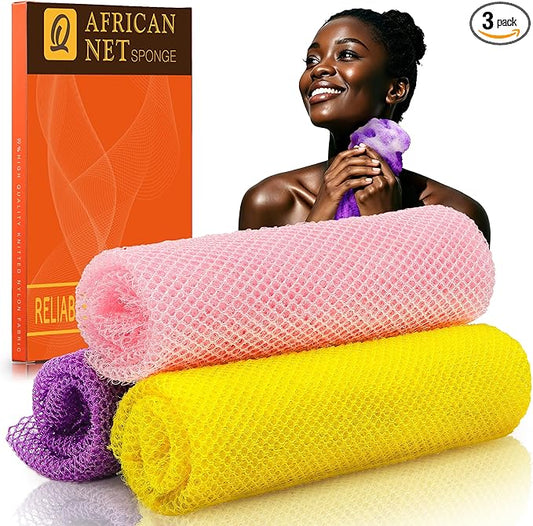 UJFQBH 3 Pieces African Bath Sponge African Net Long Net Bath Sponge Exfoliating Shower Body Scrubber Back Scrubber Skin Smoother,Great for Daily Use (Pink,Yellow,Purple)
