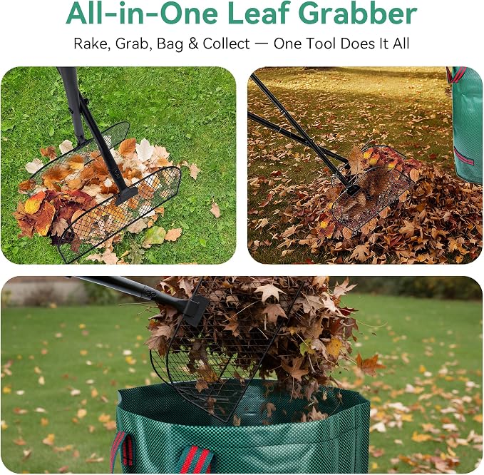 Leaf Grabber Rake with Long Handle Leaf Collector Grass Picker Upper with Yard Bags No Bend Leaves Pickup Tool and Hands Rake for Gardening-Efficient and Labor Saving
