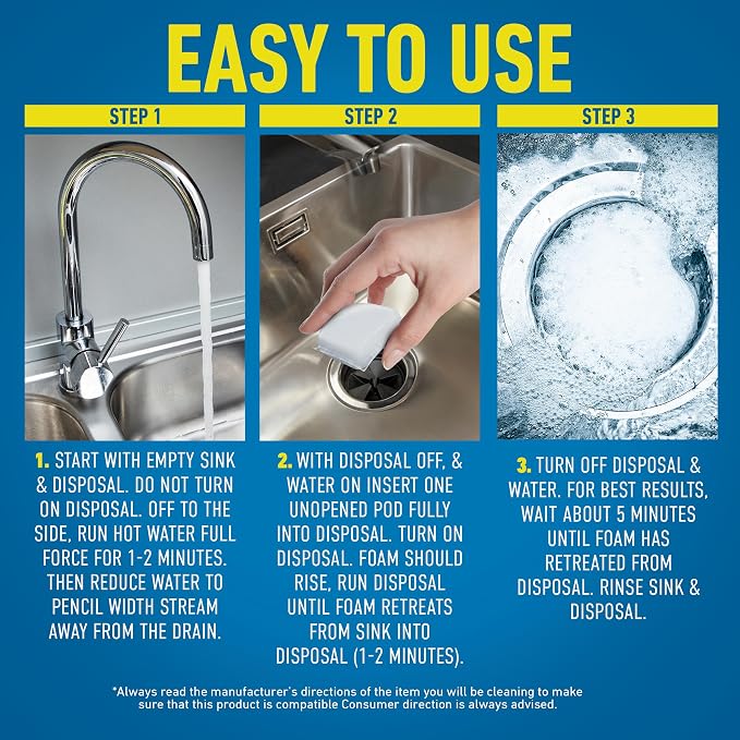 CLR Brands® Garbage Disposal Foaming Cleaner combines a powerful fast-dissolving formula with a fresh, clean-scented pod to safely clean and remove disposal odors without scrubbing. Use weekly.