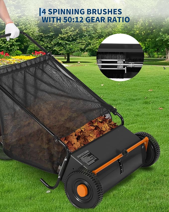 Garvee 26" Push Lawn Sweeper, Heavy Duty Walk Behind Leaf Collector | Yard Sweeper for Outdoor, Patio, Driveway, Garden Grass Sweepers, 4 High Speed Spinning Brush, 7 Cu. ft Hopper Capacity