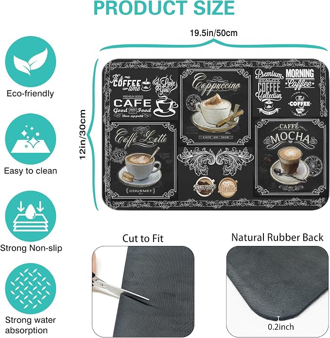 Coffee Drying Mat - Anti-Slip Silicone Dish Drying Mats, Super Absorbent: 19in x 12in