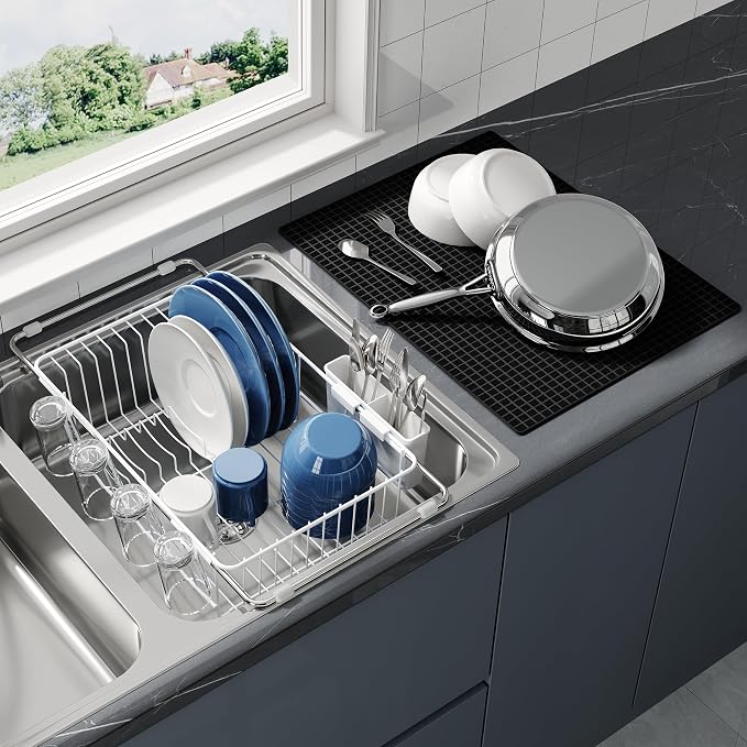 JASIWAY White Dish Drying Rack in Sink with Mat, Expandable Stainless Steel Dish Drainers for Kitchen Counter, Space Saving Dish Dryer for Inside Sink, Over Sink Dish Racks with Utensil Holder