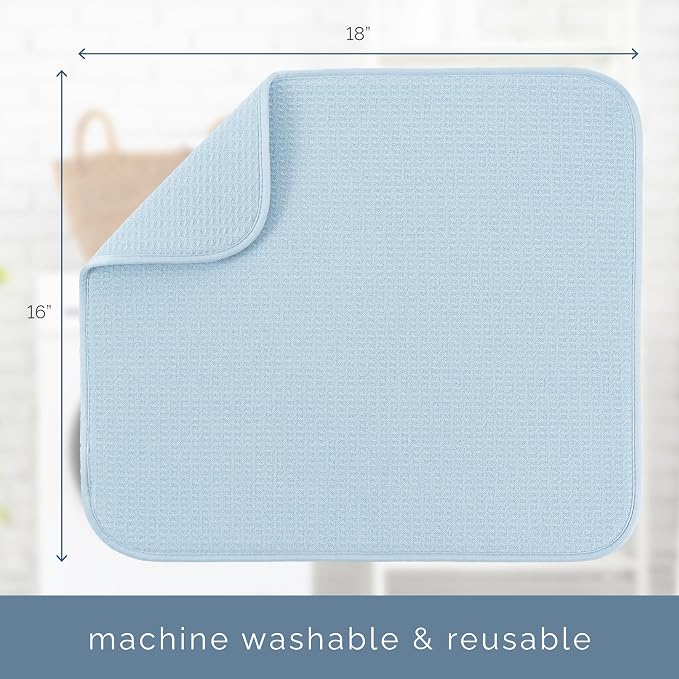 S&T INC. Dish Drying Mat, 16” x 18”, Absorbent Microfiber Kitchen Counter Mat, Dish Drying Pad for Dishes, Utensils, Pots and Pans, Large, Sky Blue
