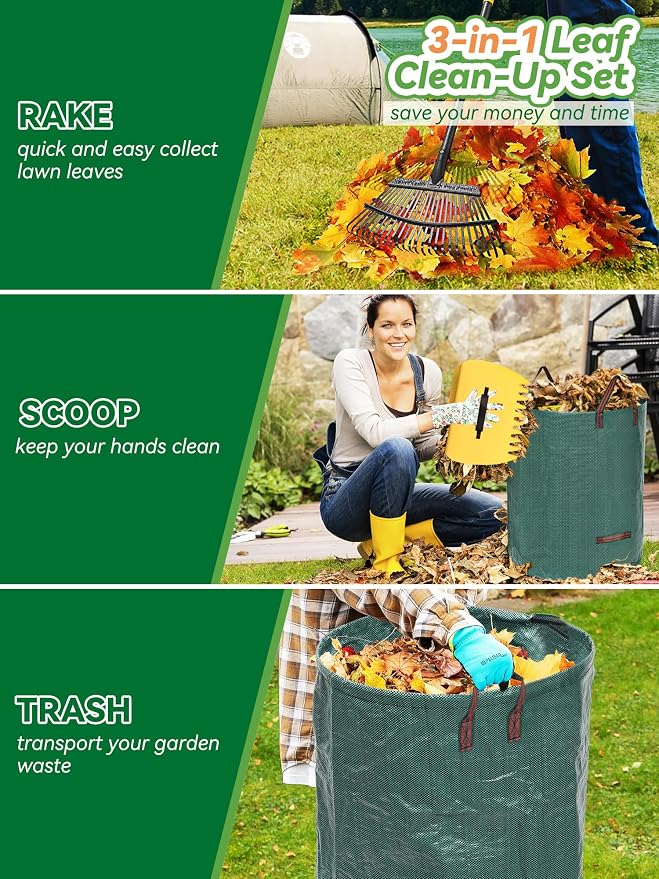 Garden Rake for Leaves Lawns, 3-in-1 Gardening Tools Set with 5 ft Metal Rake, Leaf Scoops Hand Claws, 32 Gallon Reusable Yard Waste Bag, Heavy Duty 25-Tine Rakes for Quick Pick Up, Clear n Collect