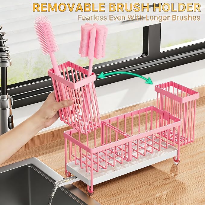Cisily Sponge Holder for Kitchen Sink, Sink Caddy Organizer with High Brush Holder, Kitchen Countertop Organizers and Storage Essentials, Rustproof 304 Stainless Steel (Pink, 9.25″)