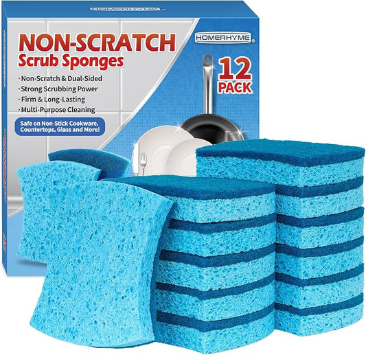 Non-Scratch Cellulose Scrub Sponges 12 Pack, Sponges Kitchen with Double-Side & Ergonomic Design for Dishes, Coated Cookware, Sink & Countertops.
