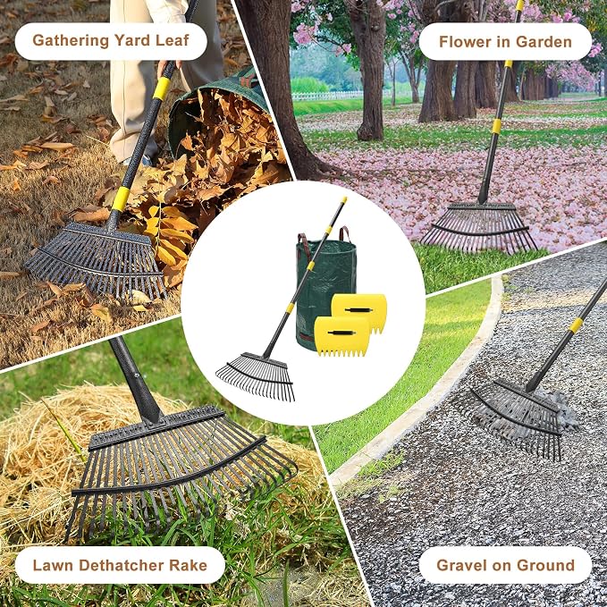 Leaf Rake 18” Wide Heavy Duty Metal 25 Tines Garden Rake Set with 30-90” Adjustable Long Handle for Yard Grass Shrub Mulch Including 32Gallon Garden Bag Leaf Scoops