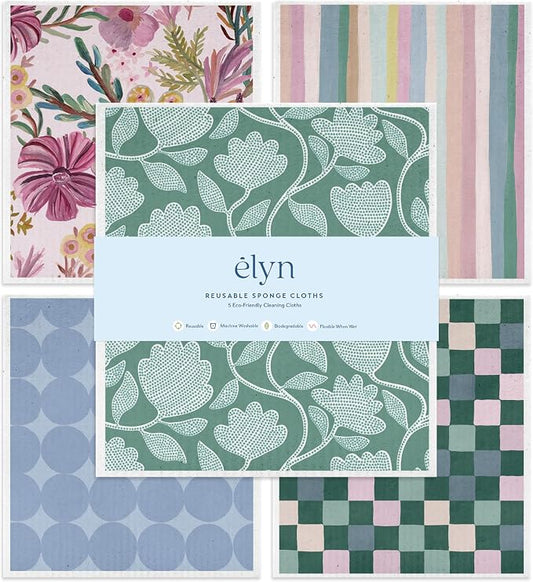 ELYN Swedish Dishcloths, Reusable & Washable Sponge Cloths, Absorbent Cleaning Paper Towels for Kitchen, Dishes, Counters and More, 5 Pack, Painted Petals Pattern
