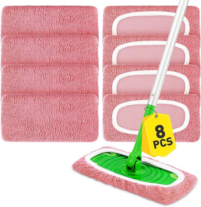 8Pcs Pink Reusable Mop Pads,Microfiber Mop Pads Compatible with Swiffer Sweeper, Dry Sweeping Cloths & Washable Wet Pads Refill for Floor